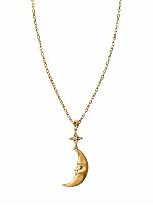 Collar de cadena de oro con colgante de luna creciente que presenta un rostro humano sereno y una pequeña estrella con una piedra preciosa clara encima.