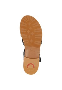 Schwarze Sandalen-Sohle mit einer strukturierten Gummi-Oberfläche, die ein kreisförmiges Logo und einen roten Akzent aufweist. Robustes und flexibles Design für Komfort.