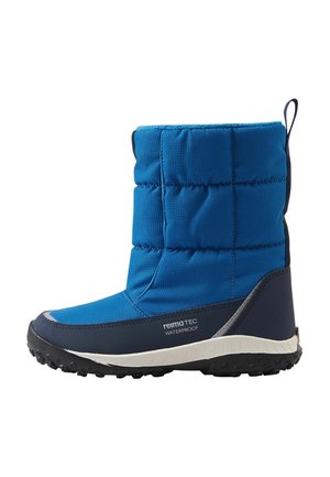 Blauer isolierter wasserdichter Winterstiefel mit schwarzer Sohle und Zuglasche hinten, Seitenansicht zeigt Markenlogo und Profil der Sohle.