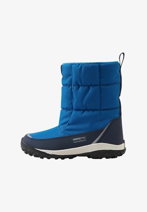 Blauer isolierter wasserdichter Winterstiefel mit schwarzer Sohle und Zuglasche hinten, Seitenansicht zeigt Markenlogo und Profil der Sohle.