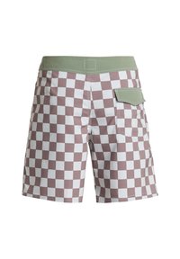 Checkered swim shorts in white and pale brown, featuring a green elastic waistband and a back pocket. Material appears lightweight and smooth.
