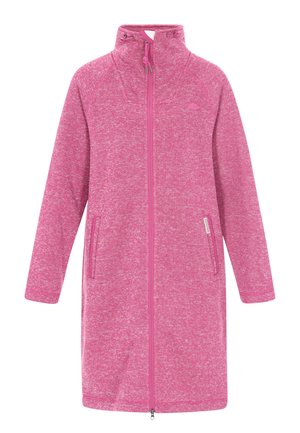 Rosa knielange Jacke aus strukturiertem Stoff mit hohem Kragen, Frontreißverschluss und seitlichen Taschen. Verfügt über kontrastierende Reißverschlussdetails.