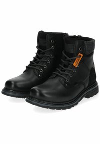 Botas de tobillo de cuero negro con detalles de tela gris, puntera redonda, ojales metálicos, cuello texturizado y etiqueta de marca naranja.