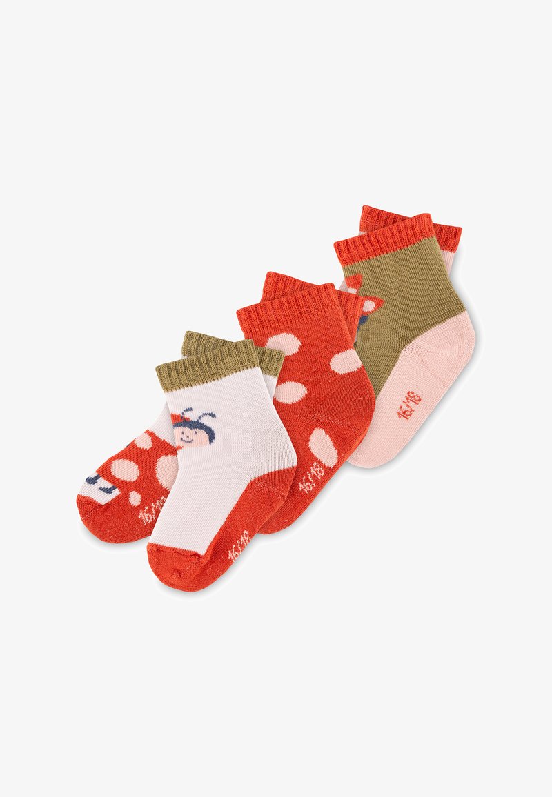 Set aus drei Baumwollsocken in Rot und Pink; Merkmale sind unter anderem gepunktete Muster, ein Charakterdesign und gerippte Bündchen in kontrastierenden Farben.