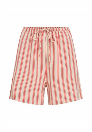 Shorts rayés verticaux rouges et beige avec taille élastique et lien à l'avant, coupe décontractée, longueur au genou.