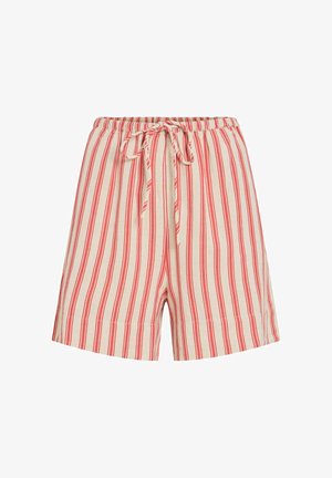 Shorts rayés verticaux rouges et beige avec taille élastique et lien à l'avant, coupe décontractée, longueur au genou.