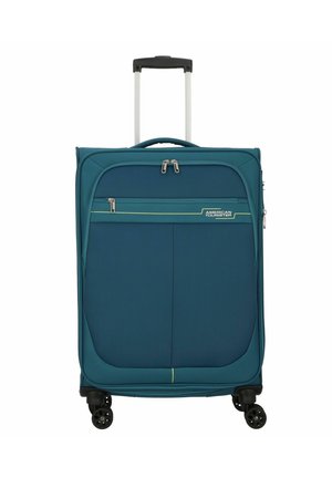 Valigia in tessuto teal con finitura liscia, comparto principale con doppia zip, tasca frontale e quattro ruote nere per la mobilità.