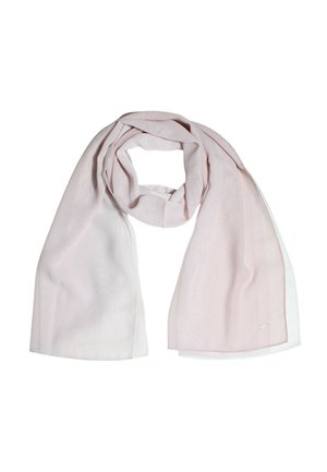 Sciarpa morbida color rosa chiaro e bianco, piegata leggermente in modo disordinato, che mostra la texture liscia del tessuto e un tenue gradiente di colore.