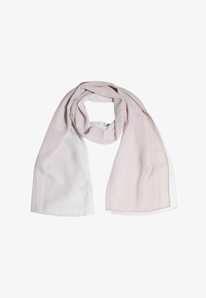 Sciarpa morbida color rosa chiaro e bianco, piegata leggermente in modo disordinato, che mostra la texture liscia del tessuto e un tenue gradiente di colore.