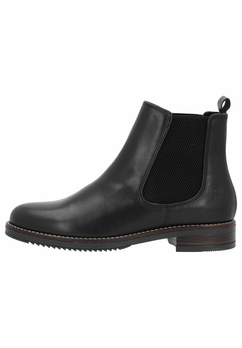 Svart läder Chelsea boot med elastiska sidopaneler, dragflik, rund tå, texturerat mönster och mönstrad gummisula. Sytt detaljer är synliga.