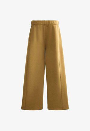 Široke rjave hlače z elastičnim pasom in stranskimi žepi, izdelane iz gladkega materiala.