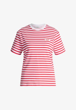 T-shirt blanc à manches courtes avec des rayures horizontales rouges et un petit logo "JOOP! JEANS" sur le côté gauche de la poitrine.