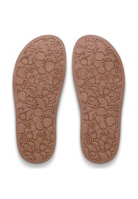 Semelles intérieures marron avec un motif floral, présentant des dessins en relief de fleurs et de feuilles, marquées du logo "ROXY" à plusieurs endroits.