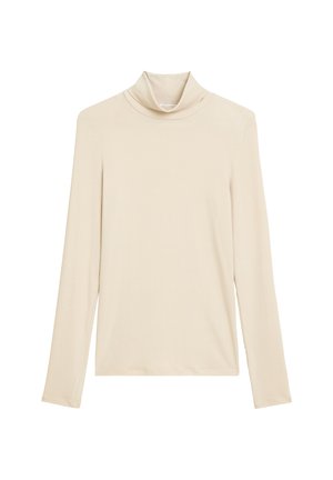Haut beige à manches longues et col roulé en tissu doux, avec une coupe décontractée et un léger pli au niveau de l'encolure. Design minimaliste.