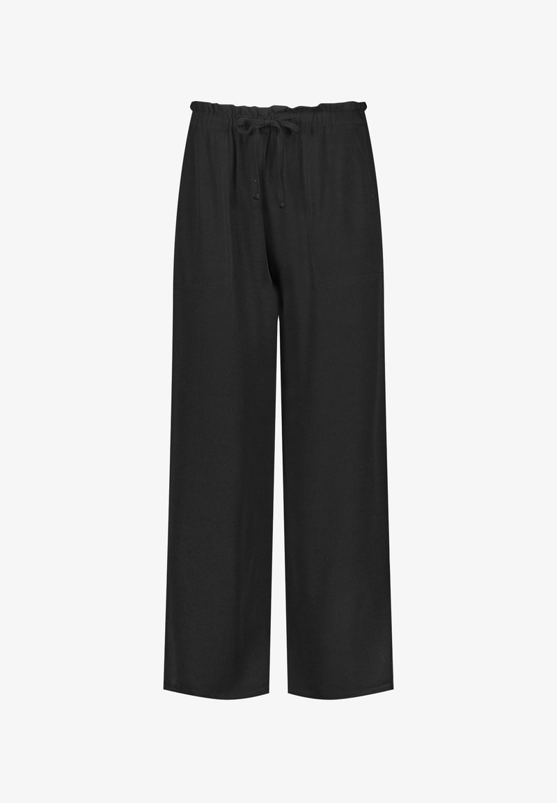Pantalon noir ample avec taille élastique et cordon, jambes larges et droites, sans motifs ni ornements visibles.