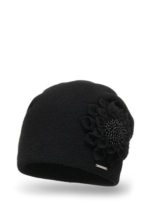 Cappello berretto nero in feltro con un'ornamentazione floreale textured arricchita da perline, progettato con una vestibilità aderente e un discreto dettaglio del logo metallizzato.