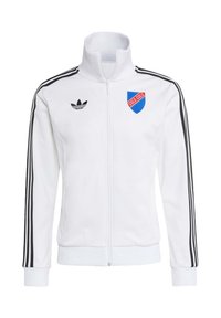 White zip-up jacket with black stripes on sleeves, Adidas logo on left chest, and blue/red shield patch featuring "GOLD GOLD."