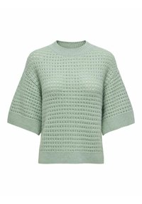 Maglione lavorato a maglia verde chiaro con un motivo testurizzato, maniche corte e scollo tondo. Presenta polsini e orlo a coste.