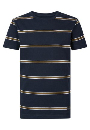 Navyblå t-shirt med korte ærmer, brune og hvide vandrette striber og rund halsudskæring.