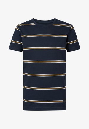 Navyblå t-shirt med korte ærmer, brune og hvide vandrette striber og rund halsudskæring.