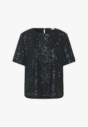 Korte mouwen zwarte top bedekt met pailletten, met een ronde halslijn en een sluiting met sleutelgat aan de achterkant, met een rechte snit en een gladde textuur.