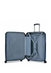 Valigia rigida di colore blu con interni grigi. Presenta tasche con zip, cinghie interne per fissare gli oggetti e quattro ruote girevoli.