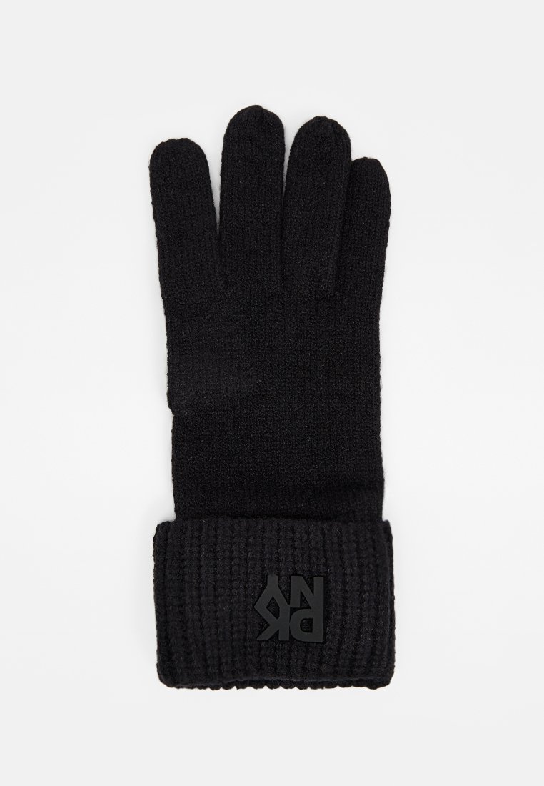 Czarne dziane rękawice z ściągaczem, z teksturowanym wykończeniem i naszywką z logo na mankiecie. Projekt z czterema palcami dla większego ciepła.