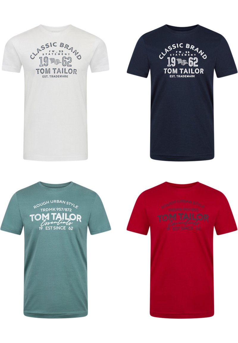 Cuatro camisetas: blanca con texto gráfico, azul marino con texto gráfico, verde azulado con texto blanco, y roja con texto gráfico. Material 100% algodón.