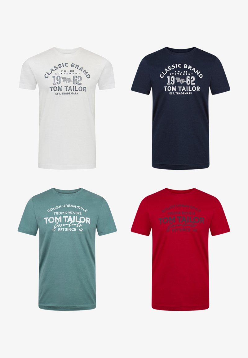 Cuatro camisetas: blanca con texto gráfico, azul marino con texto gráfico, verde azulado con texto blanco, y roja con texto gráfico. Material 100% algodón.