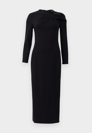 Black long-sleeve dress with a fitted silhouette, a twisted drape at the shoulder, and a straight hem. Made of smooth fabric.