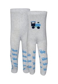 Graue Baumwollstrumpfhosen mit einem Vorderdesign eines Traktors in Blau und Grün, sowie wiederholten kleinen blauen Traktor-Mustern entlang der Beine.