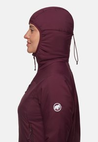 Profiel van een persoon die een aansluitende bordeauxrode hooded jack draagt met een mammoetlogo op de mouw, tegen een platte witte achtergrond.