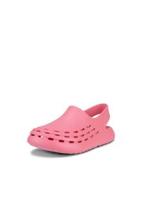 Roze klompen van lichtgewicht plastic, met een open achterkant, ventilatiegaten en een soepele, afgeronde vorm.