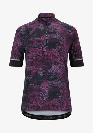 Kurzarm-Radsporttrikot in Schwarz und Lila mit hohem Kragen, ausgestattet mit einem strukturierten Muster und reflektierenden Akzenten an den Ärmeln.