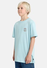T-shirt di cotone azzurro chiaro con maniche corte, collo rotondo e logo circolare stampato sul petto. Vestibilità ampia e etichetta sul lato inferiore.