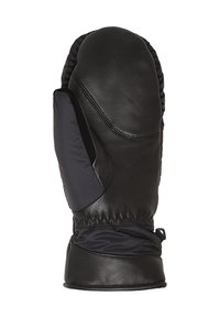 Schwarzer Lederhandschuh mit einem weichen schwarzen Textilpanel. Verfügt über eine geraffte Handgelenksmanschette und eine glatte, abgerundete Oberseite. Verstärkter Daumenbereich.