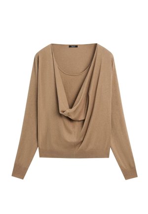 Long-sleeve camel brown knit top with a draped cowl neckline and fitted cuffs, displayed on a plain white background.