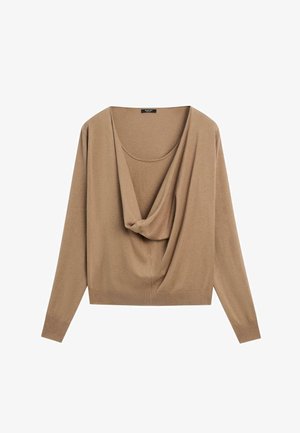 Long-sleeve camel brown knit top with a draped cowl neckline and fitted cuffs, displayed on a plain white background.