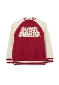 Sudadera roja y crema con el texto "SUPER MARIO" bordado en terry blanco en la parte posterior, con puños y cuello de canalé a rayas.