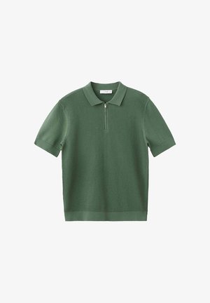 Tricou polo verde tricotat cu mâneci scurte, cu panou frontal texturat și închidere cu fermoar pe jumătate sub guler.