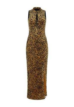 Sukienka maxi w panterkę, bez rękawów, z wysokim dekoltem i rozcięciem po boku. Wykonana z miękkiego materiału o gładkiej fakturze z czarnymi akcentami.