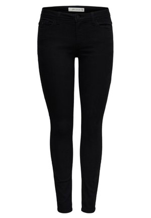 Sorte skinny jeans med frontknap og lynlås, fem lommer og en slank pasform.