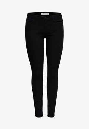 Schwarze Skinny-Jeans mit Knopf- und Reißverschluss vorne, fünf Taschen und schmalem Schnitt.