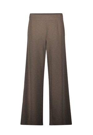 Pantaloni a gamba larga in un tessuto marrone testurizzato con una leggera lucentezza, dotati di una vita elastica e tasche laterali.