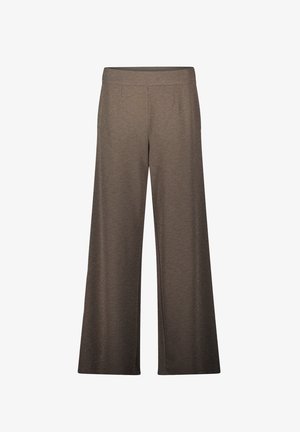 Brede pijpen in een gestructureerde bruine stof met een lichte glans, voorzien van een elastische tailleband en zijzakken.
