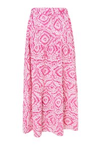 Fustă maxi din material ușor, cu un model vibrant de tie-dye roz și alb, dotată cu un brâu elastic și o siluetă fluidă.