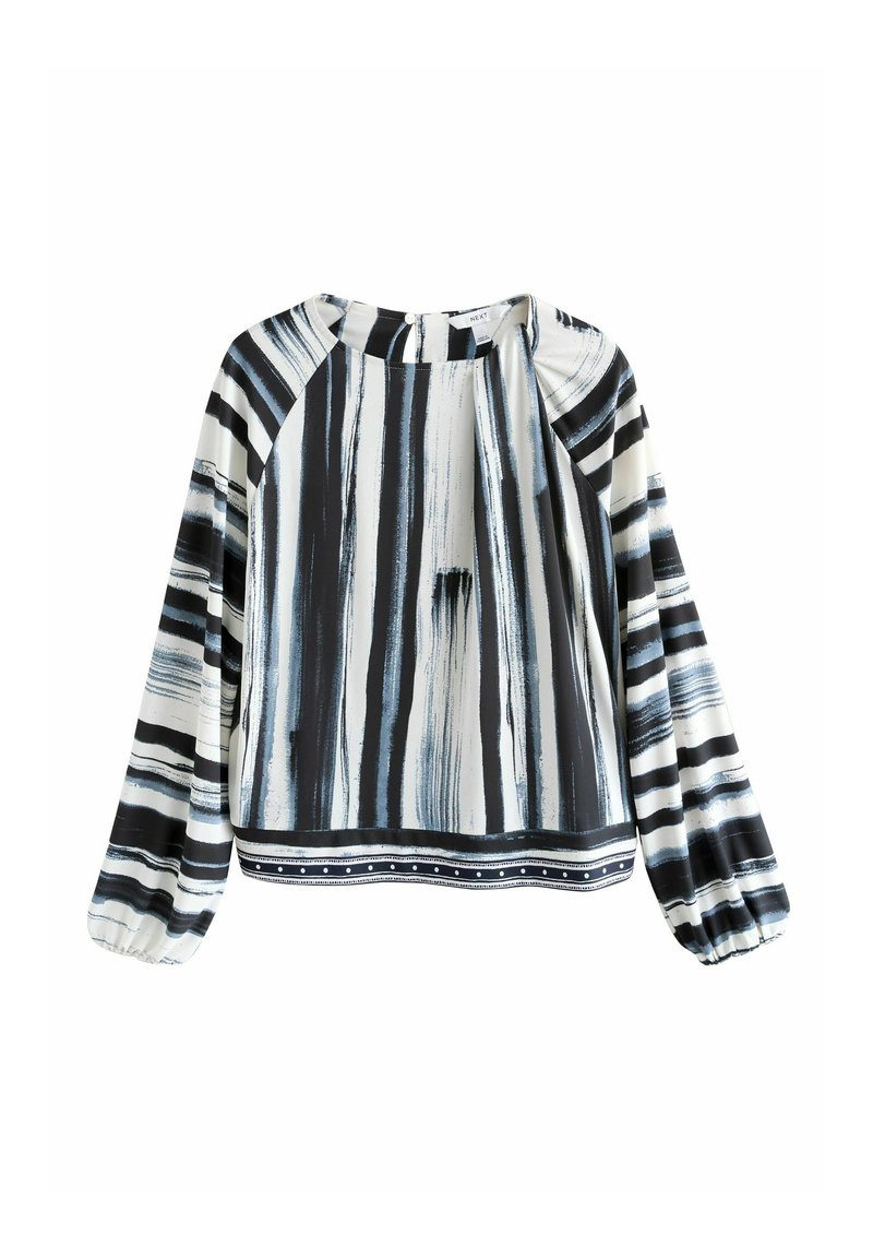 Bluzka z długim rękawem w paski w kolorach czarnym, białym i niebieskim, z okrągłym dekoltem i marszczonymi rękawami. Dekoracyjna lamówka na dole.