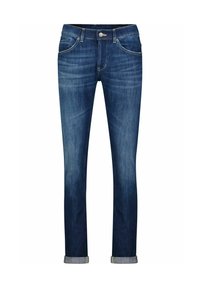 Heren denim jeans in donkerblauw met een vervaagde afwerking, rechte pijpen, vijf zakken en opgerolde boorden met contrasterende stiksels.