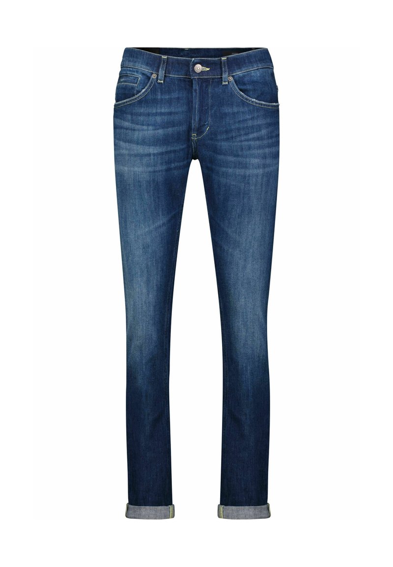 Heren denim jeans in donkerblauw met een vervaagde afwerking, rechte pijpen, vijf zakken en opgerolde boorden met contrasterende stiksels.