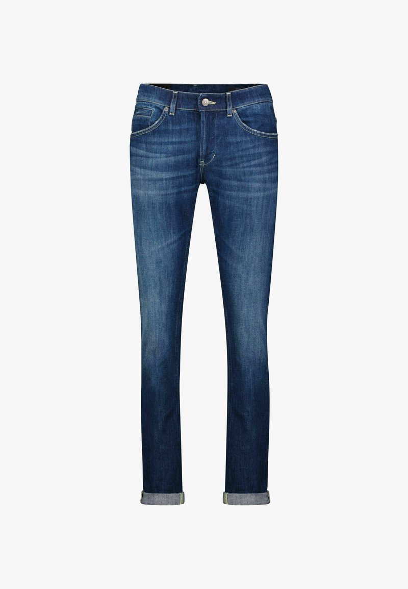 Heren denim jeans in donkerblauw met een vervaagde afwerking, rechte pijpen, vijf zakken en opgerolde boorden met contrasterende stiksels.